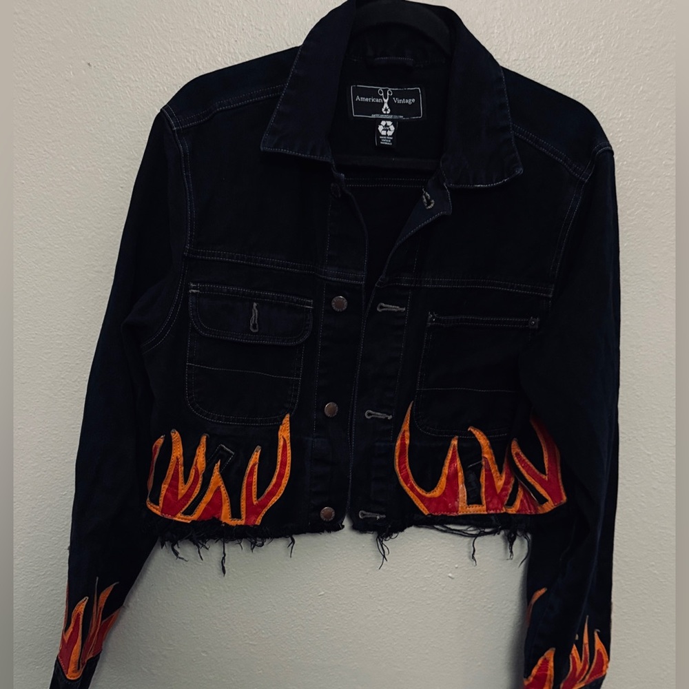American Vintage Black Jean Jacket with Red and Orange Flame Design